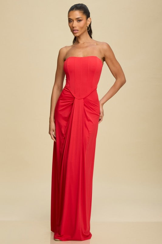 RED DRAPE FRONT BUSTIER DRESS