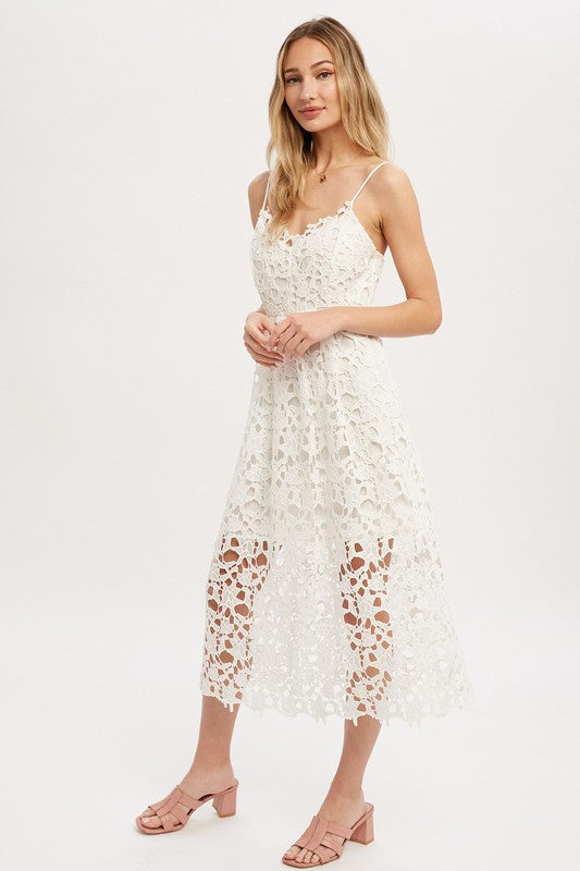 WHITE CROCHET LACE MIDI DRESS
