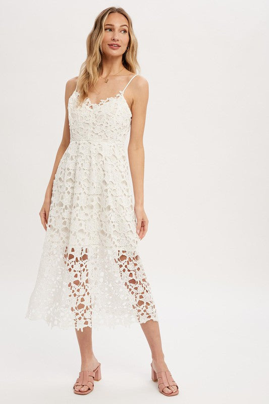 WHITE CROCHET LACE MIDI DRESS
