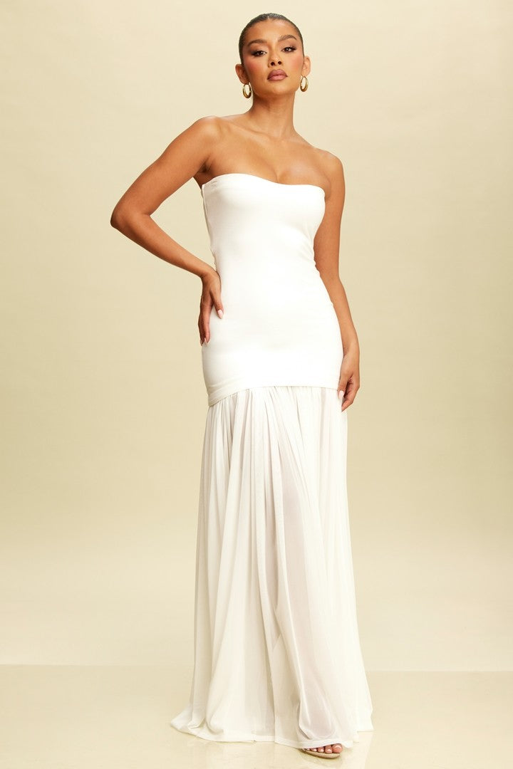 WHITE TUBE SHIRRED CHIFFON DRESS