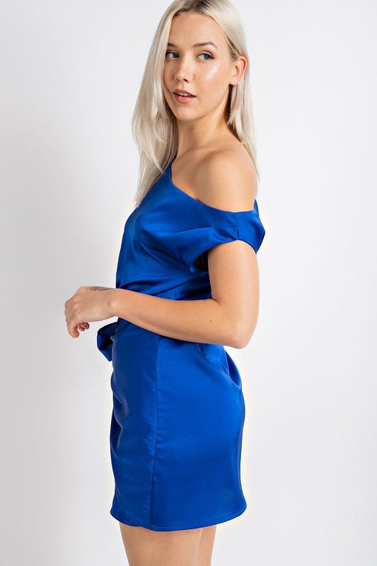 ROYAL SATIN ONE SHOULDER WRAPPED MINI DRESS