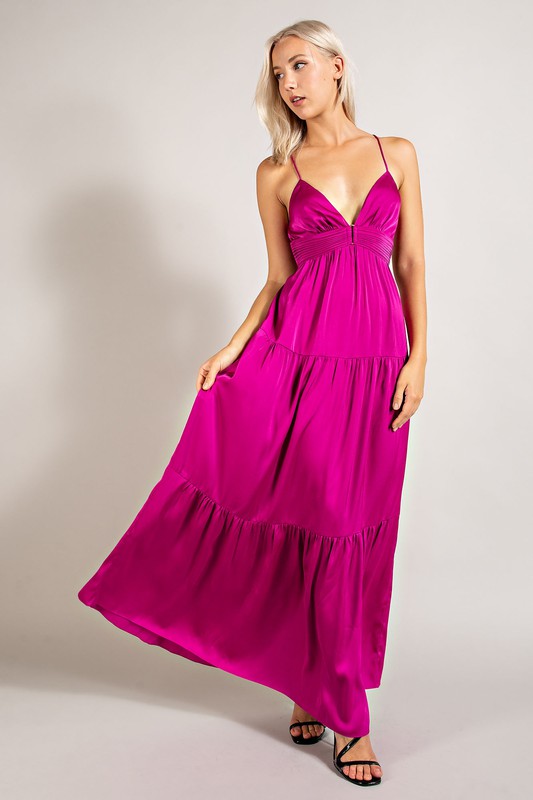 MAGENTA SATIN SLEEVELESS MAXI DRESS