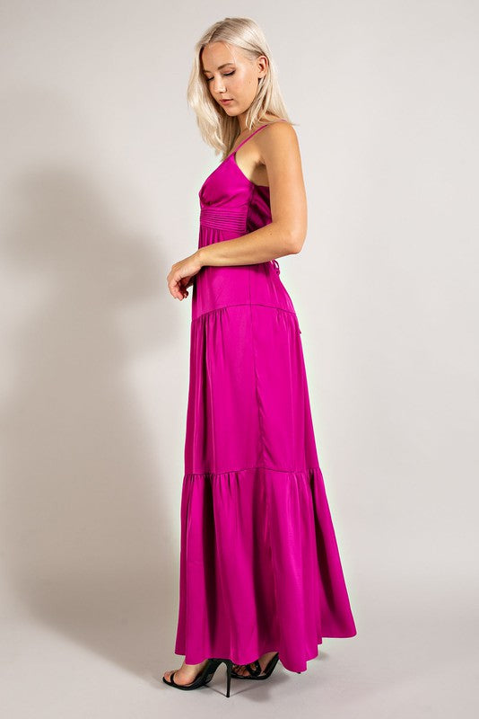 MAGENTA SATIN SLEEVELESS MAXI DRESS