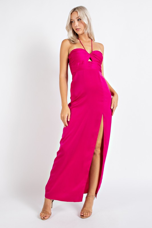 FUSCHIA SATIN KEY HOLE MAXI
