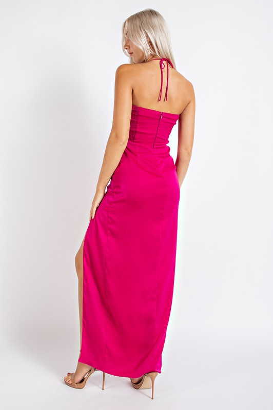 FUSCHIA SATIN KEY HOLE MAXI