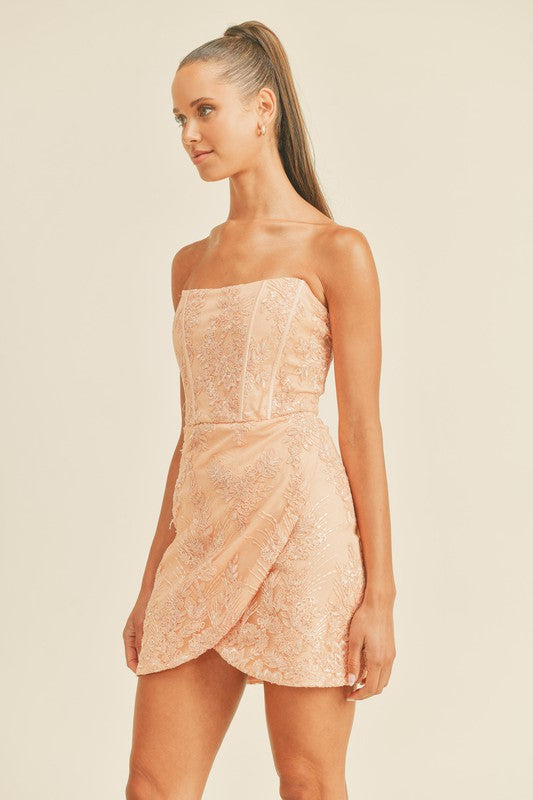 PEACH GLITTER EMBROIDERED DRESS