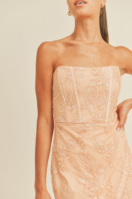 PEACH GLITTER EMBROIDERED DRESS