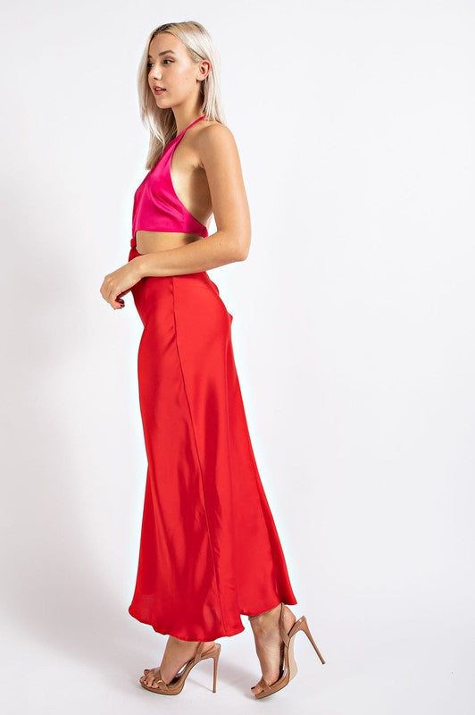 COLOR BLOCK CUTOUT MOCK NECK MAXI DRESS