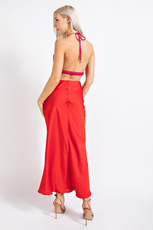 COLOR BLOCK CUTOUT MOCK NECK MAXI DRESS