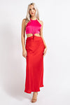 COLOR BLOCK CUTOUT MOCK NECK MAXI DRESS