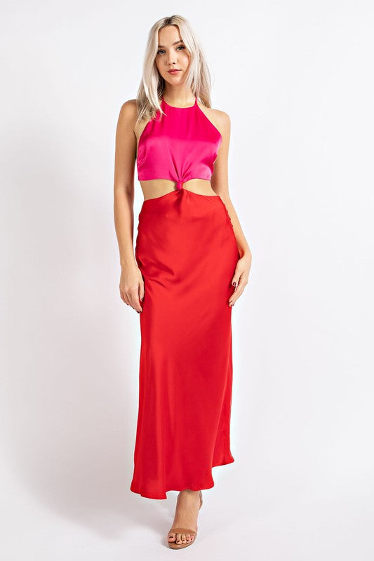 COLOR BLOCK CUTOUT MOCK NECK MAXI DRESS