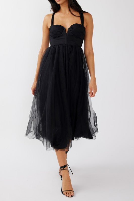BLACK TULLE LACE UP BACK MIDI DRESS