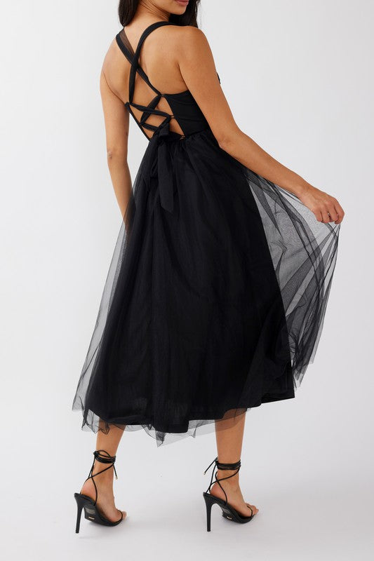 BLACK TULLE LACE UP BACK MIDI DRESS