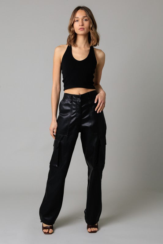 BLACK PLEATHER CARGO PANTS