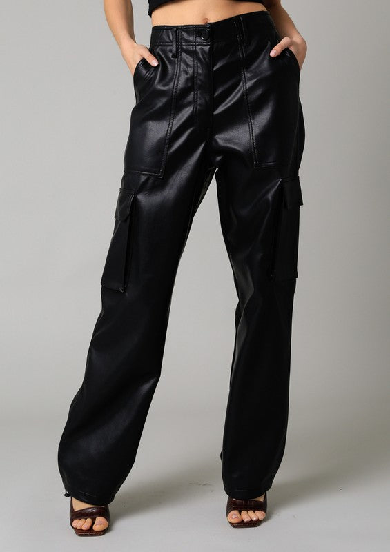 BLACK PLEATHER CARGO PANTS
