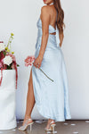 STEEL BLUE SATIN HALTER NECK DRESS