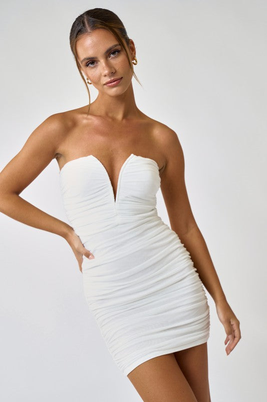 WHITE V-WIRE DETAIL STRAPLESS DRESS