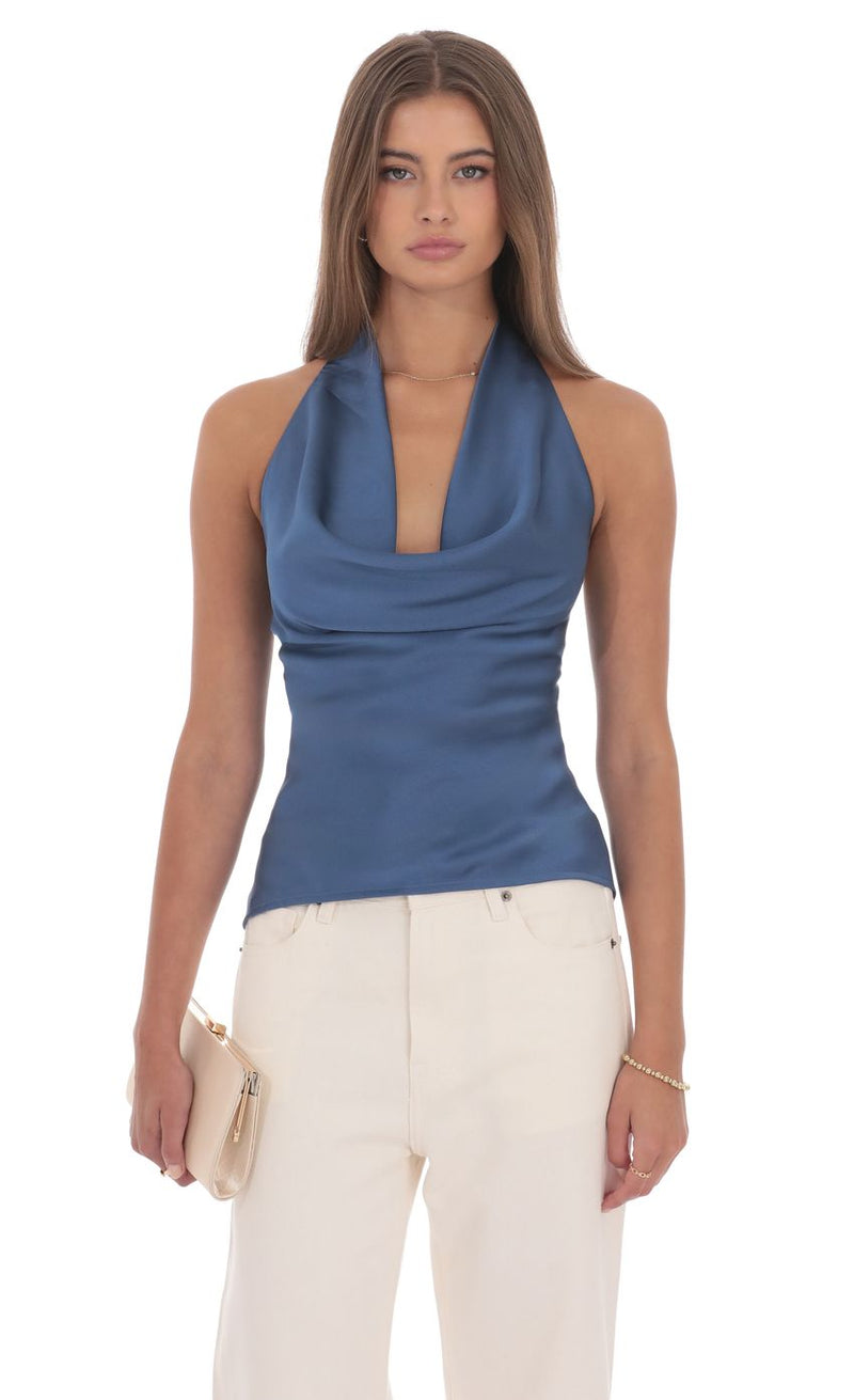 BLUE SATIN COWL TOP