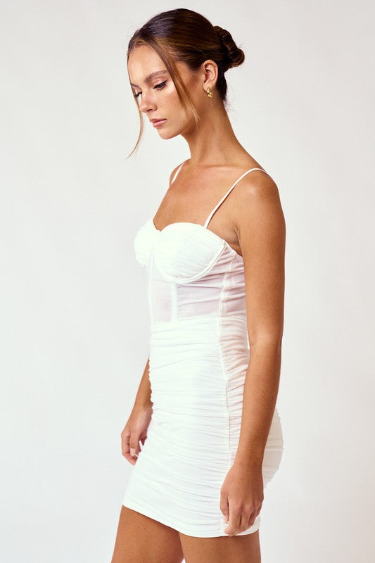 WHITE CORSET DETAIL SLEEVELESS MESH DRESS