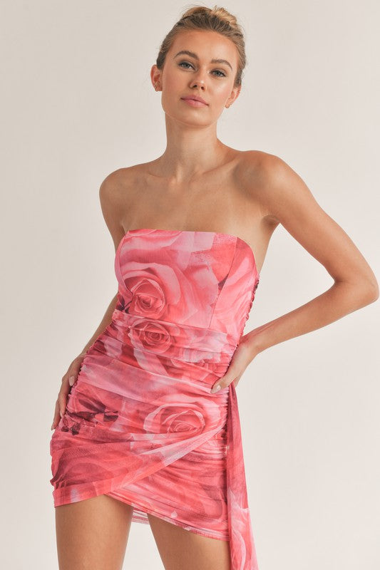 FLOWER MESH DRAPE DRESS