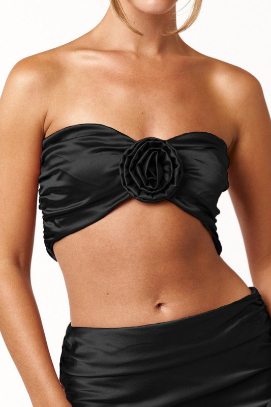 SATIN ROSETTE RUCHED TOP
