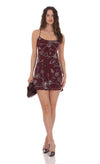 FLORAL BURGUNDY BEADED MINI DRESS