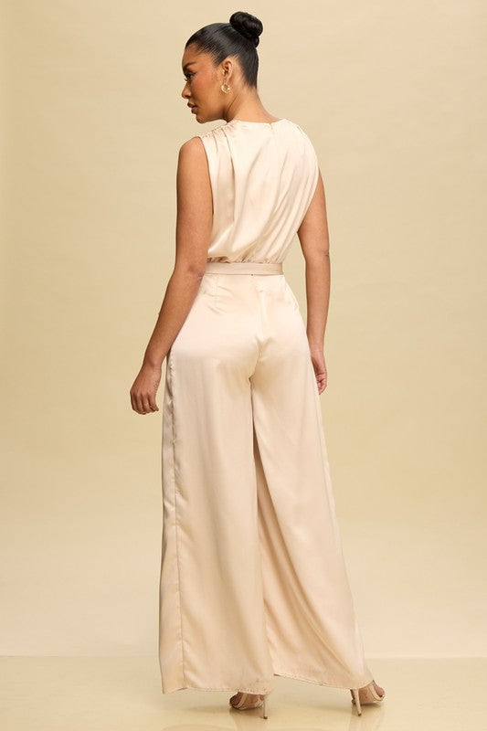CHAMPAGNE SATIN TIE JUMPSUIT