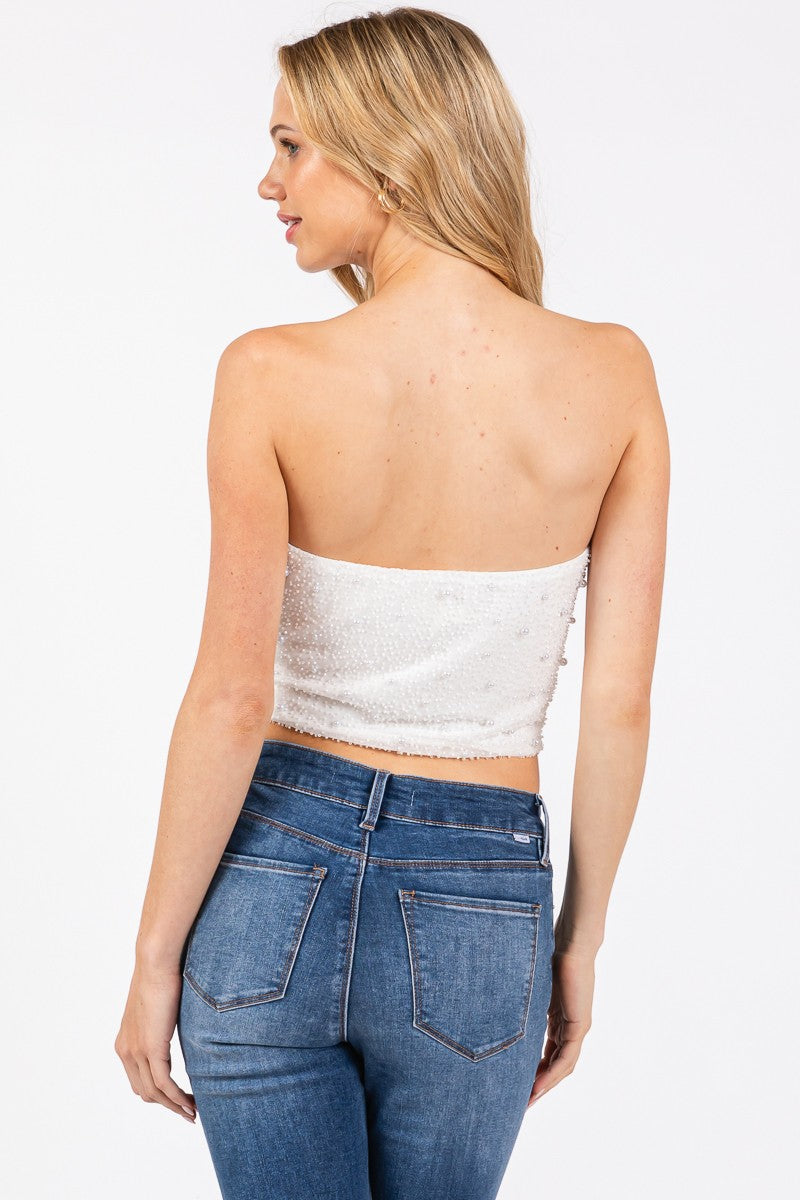 WHITE STRAPLESS BEADED TOP