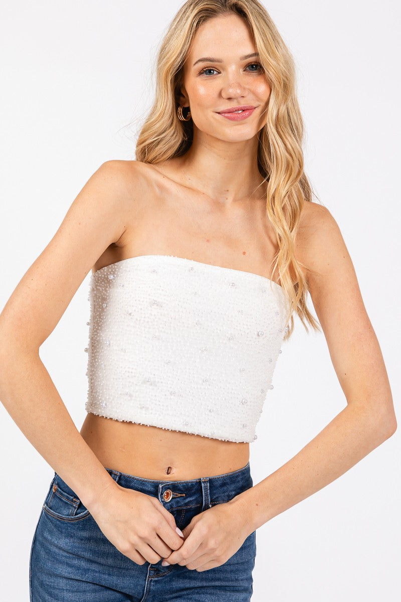 WHITE STRAPLESS BEADED TOP
