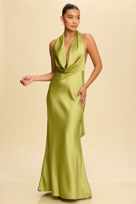 COWL NECK SATIN DRESS