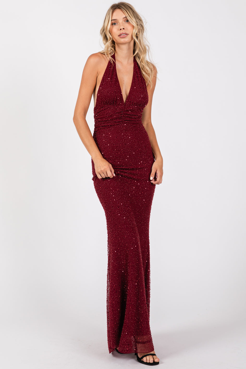 BURGUNDY BEADED LONG DRESS