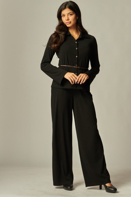 RIBBED COLLAR PANT SET