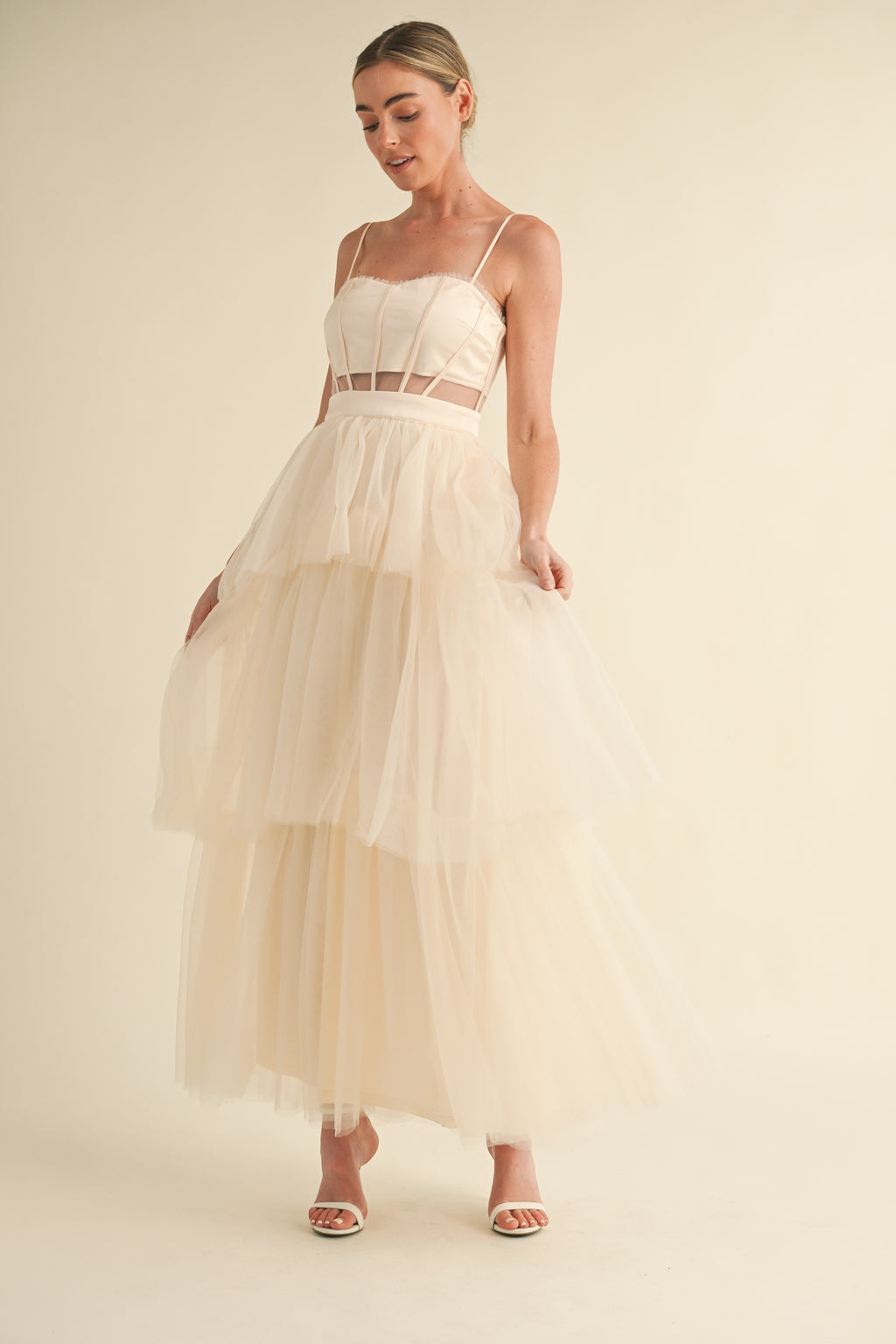 CREAM TULLE MESH MAXI