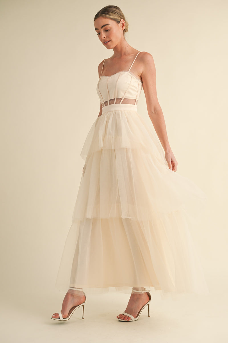 CREAM TULLE MESH MAXI