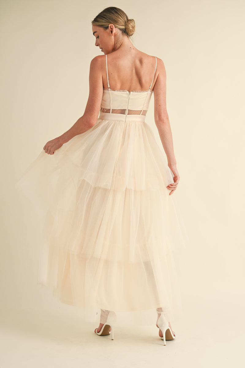 CREAM TULLE MESH MAXI