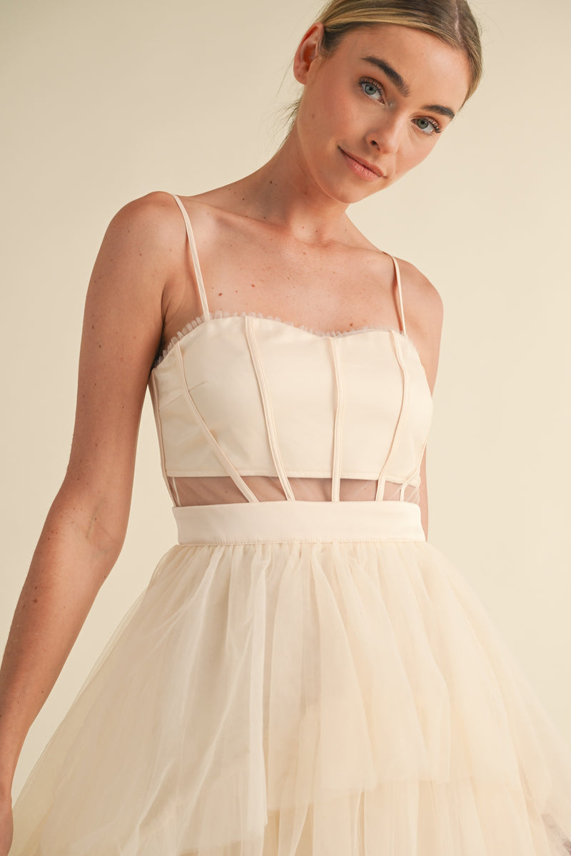 CREAM TULLE MESH MAXI