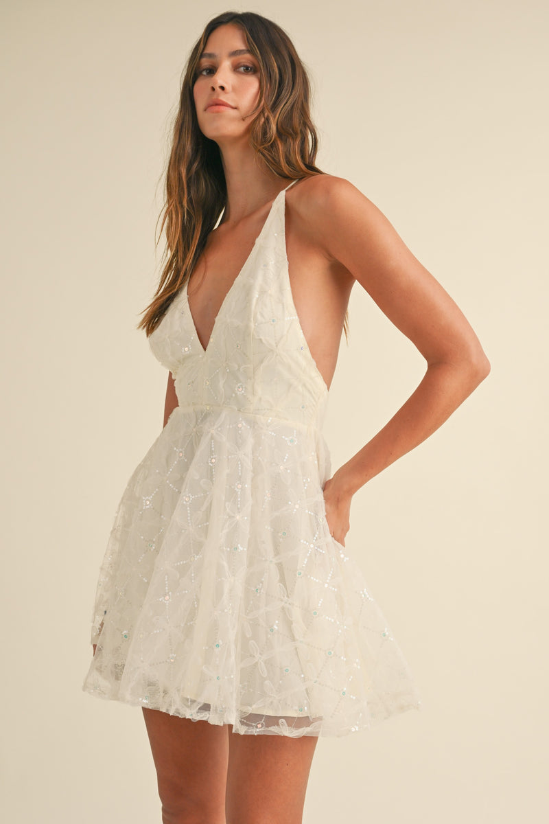 CREAM SEQUIN DEEP V MINI