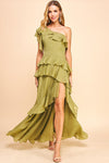 OLIVE RUFFLE ONE SHOULDER GOWN
