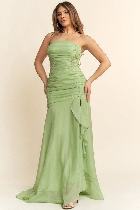 RUFFLE SLIT GREEN GOWN