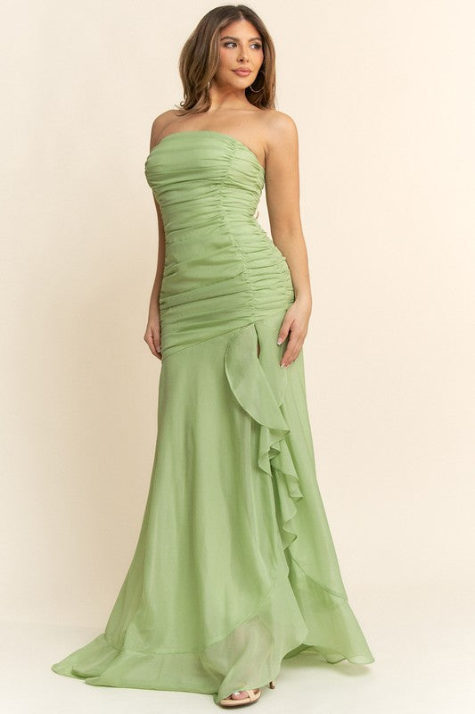 RUFFLE SLIT GREEN GOWN