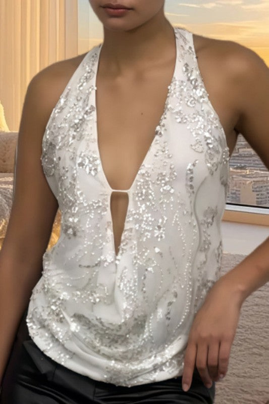 FLORAL SEQUIN COWL TOP