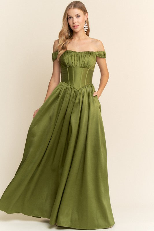 OLIVE CORSET OFF SHOULDER DRESS