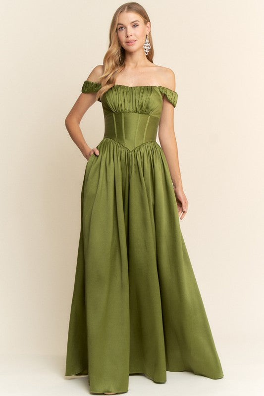 OLIVE CORSET OFF SHOULDER DRESS