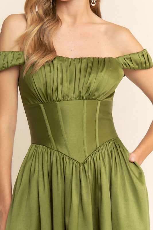 OLIVE CORSET OFF SHOULDER DRESS