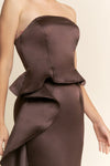 BROWN RUFFLE SATIN GOWN