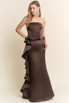 BROWN RUFFLE SATIN GOWN