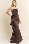 BROWN RUFFLE SATIN GOWN