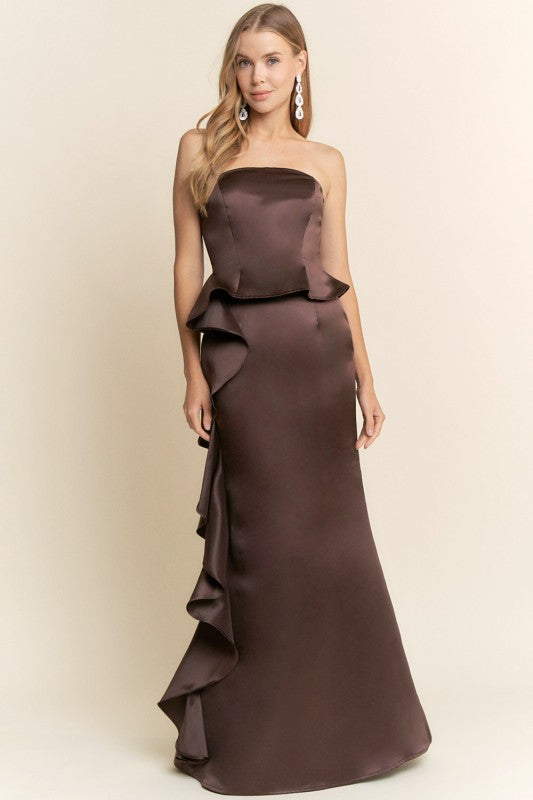 BROWN RUFFLE SATIN GOWN