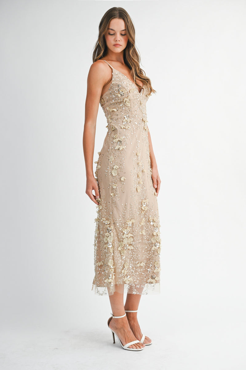 3D EMBELLISHED V NECK MIDI