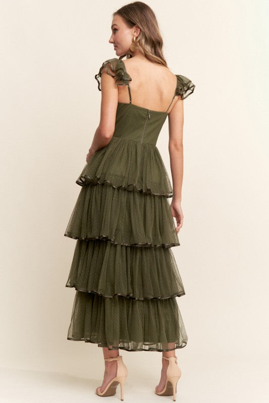 OLIVE TULLE LAYERED DRESS